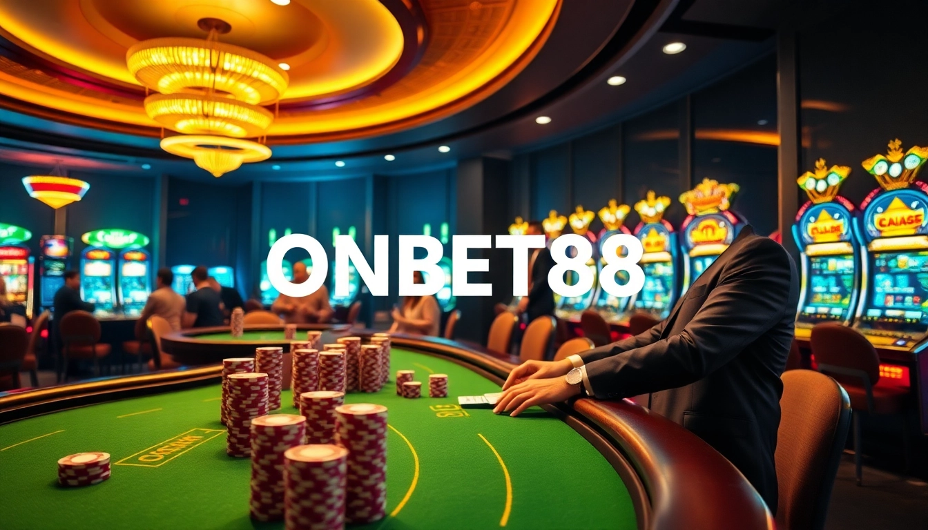Excited players strategizing at a casino table featuring ONBET88, surrounded by colorful slot machines.