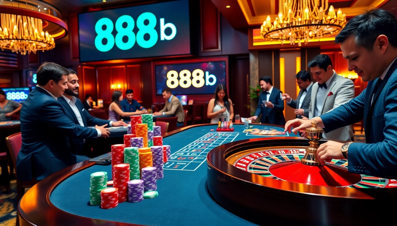 A thrilling gaming experience at 888b with vibrant poker chips and a spinning roulette wheel.
