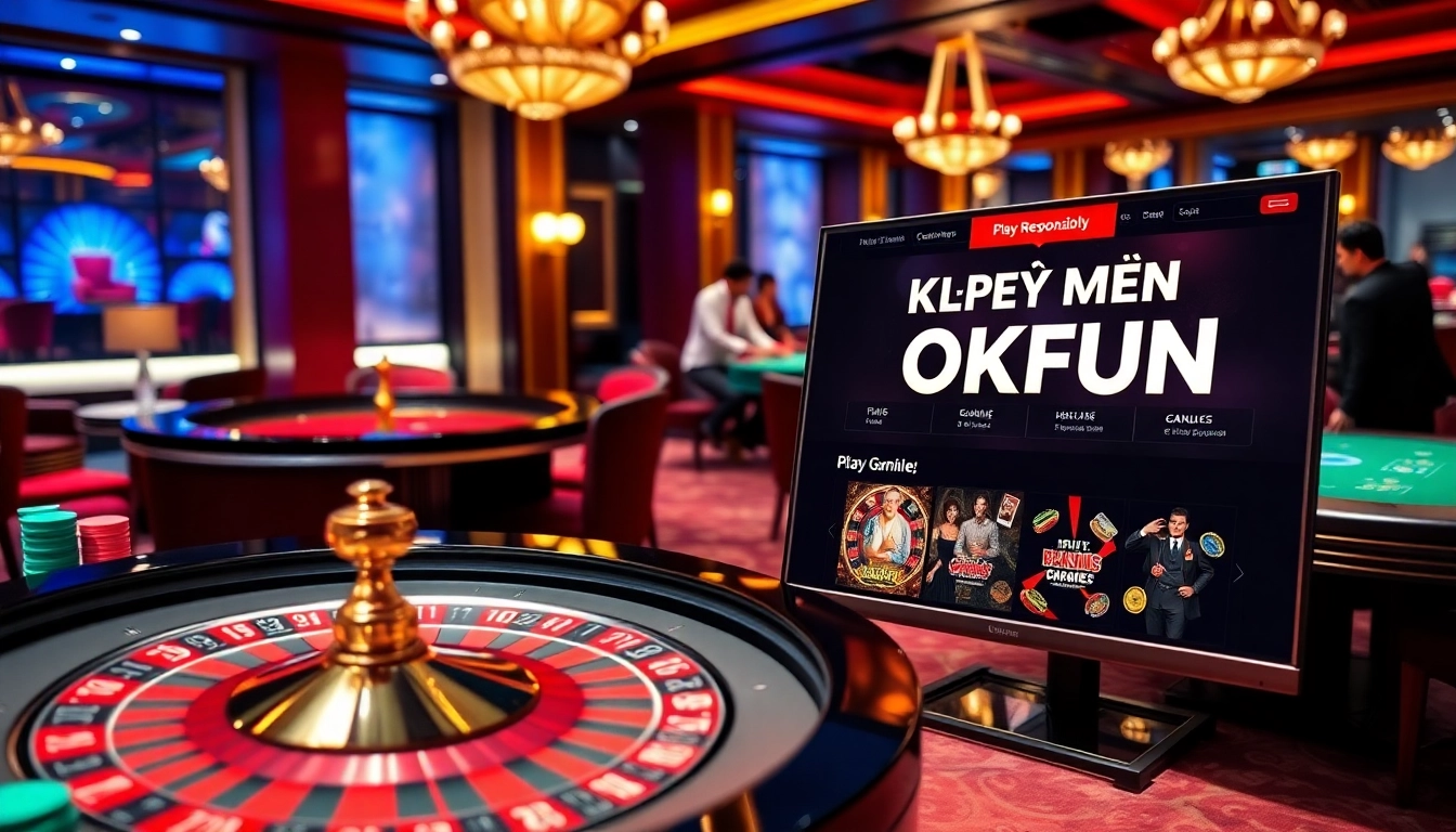 Engaging scene of a casino highlighting khuyến mãi okfun promotions on digital screens amidst vibrant gameplay.