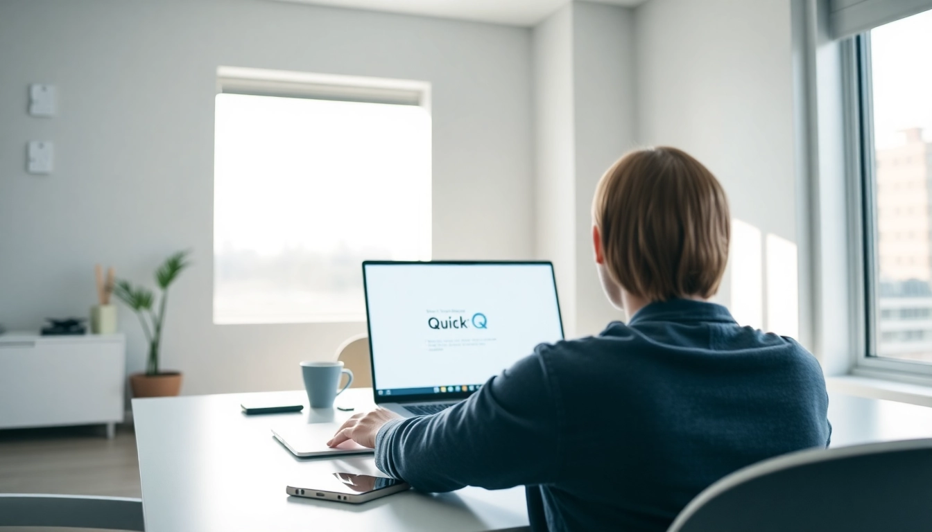 在现代设备上显示的 QuickQ官网，体验无缝安全。