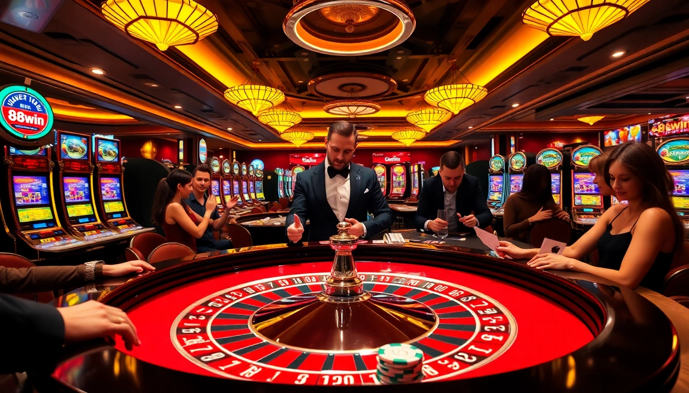 Players immersed in a dynamic casino scene at 98win, showcasing roulette and poker chips for an exciting experience.