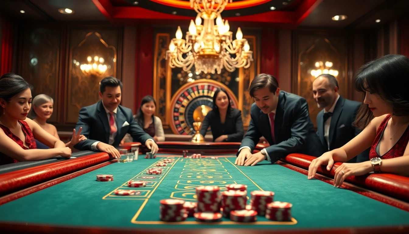 ALO789 players enjoying a thrilling baccarat game at an upscale casino table, immersed in excitement.
