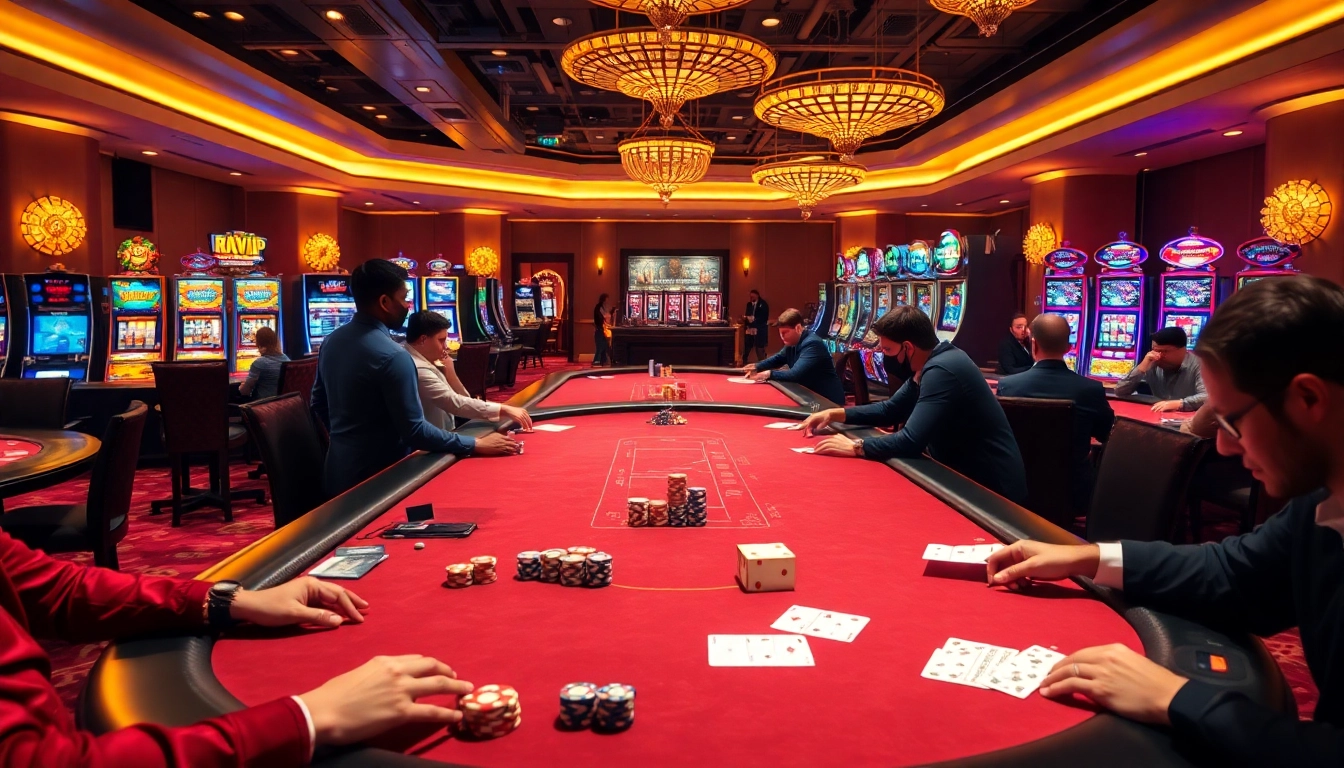 Engaging scene of players enjoying the rikvip - game at a luxurious casino.
