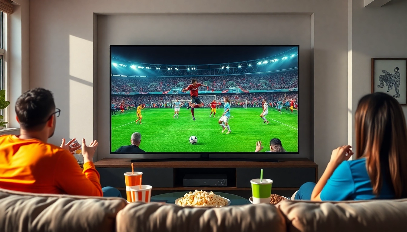 Exciting soccer match on Vaoluoitv with fans cheering in a cozy living room setting.