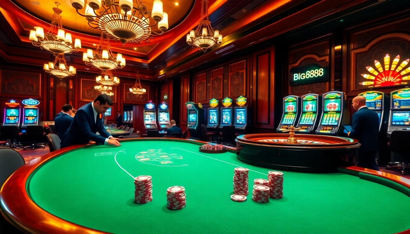 Experience the excitement of Big888's luxurious casino atmosphere with elegant poker tables and high-end slots.