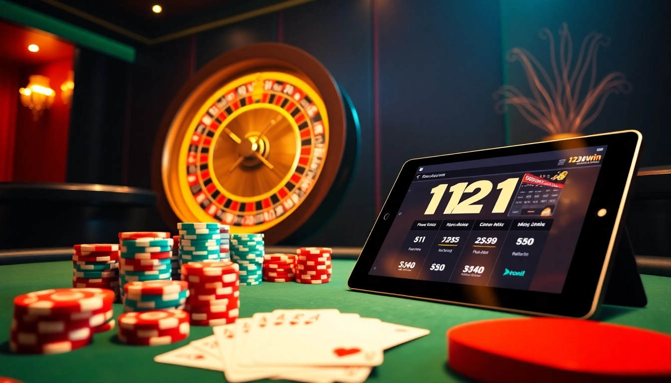 Experience the thrill of 123win with vibrant casino visuals showcasing poker chips and roulette.