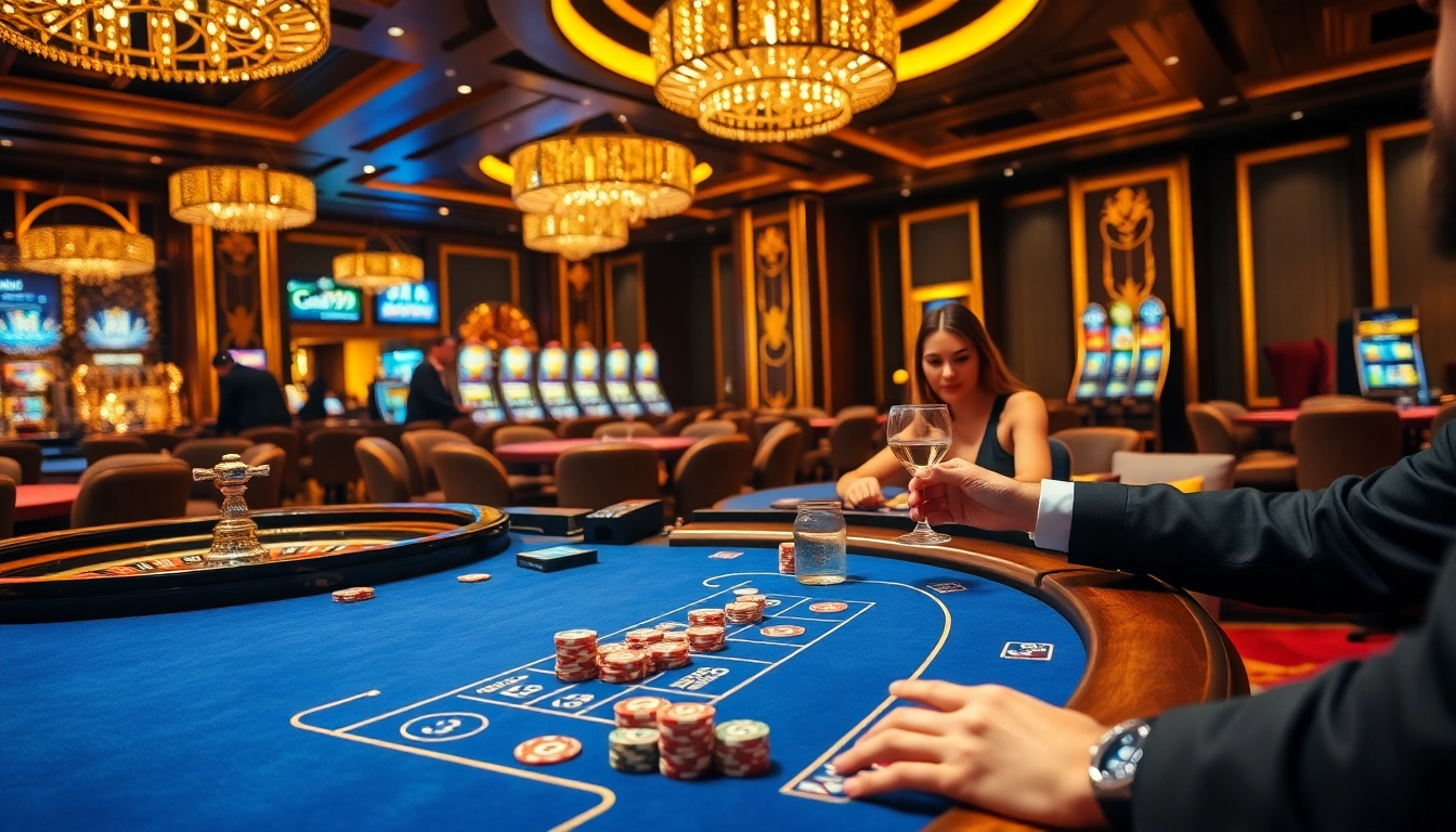Experience thrilling gameplay with Go99 in an upscale casino ambiance filled with vibrant gaming tables.