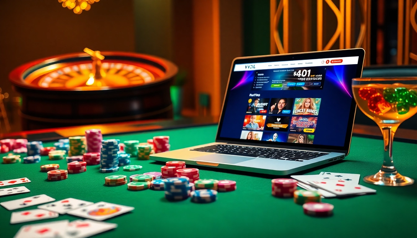 Action-packed gambling visual featuring the VVJL online casino with vibrant chips and cards.