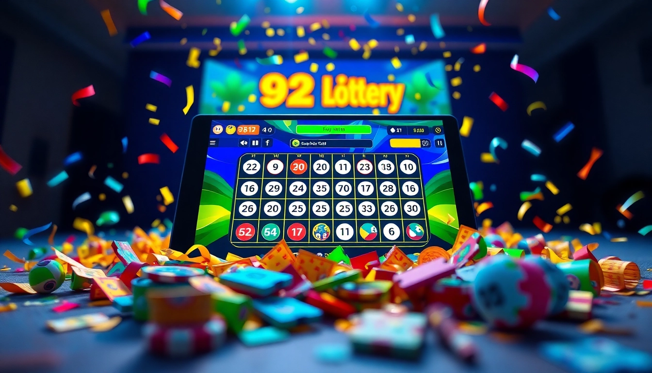 Winning moments at 92lottery showcased with a vibrant gaming interface and celebratory elements.