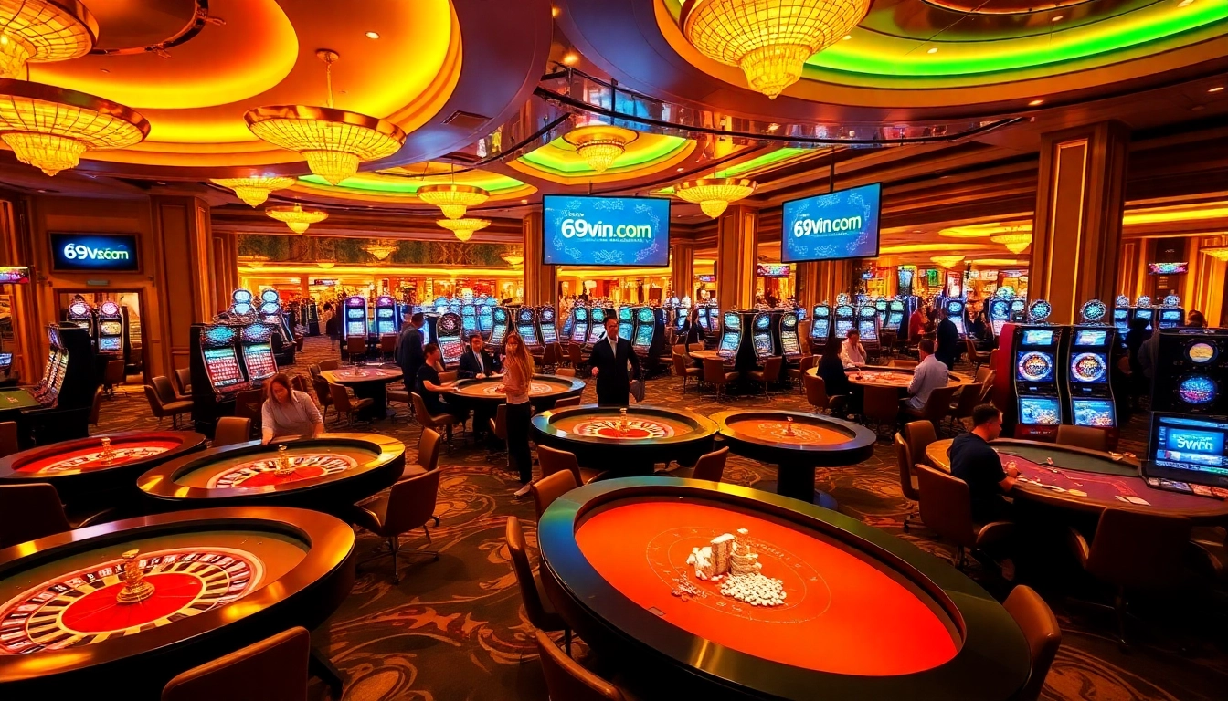 Experience thrilling gameplay at 69vn com's casino tables with vibrant lights and engaging players.