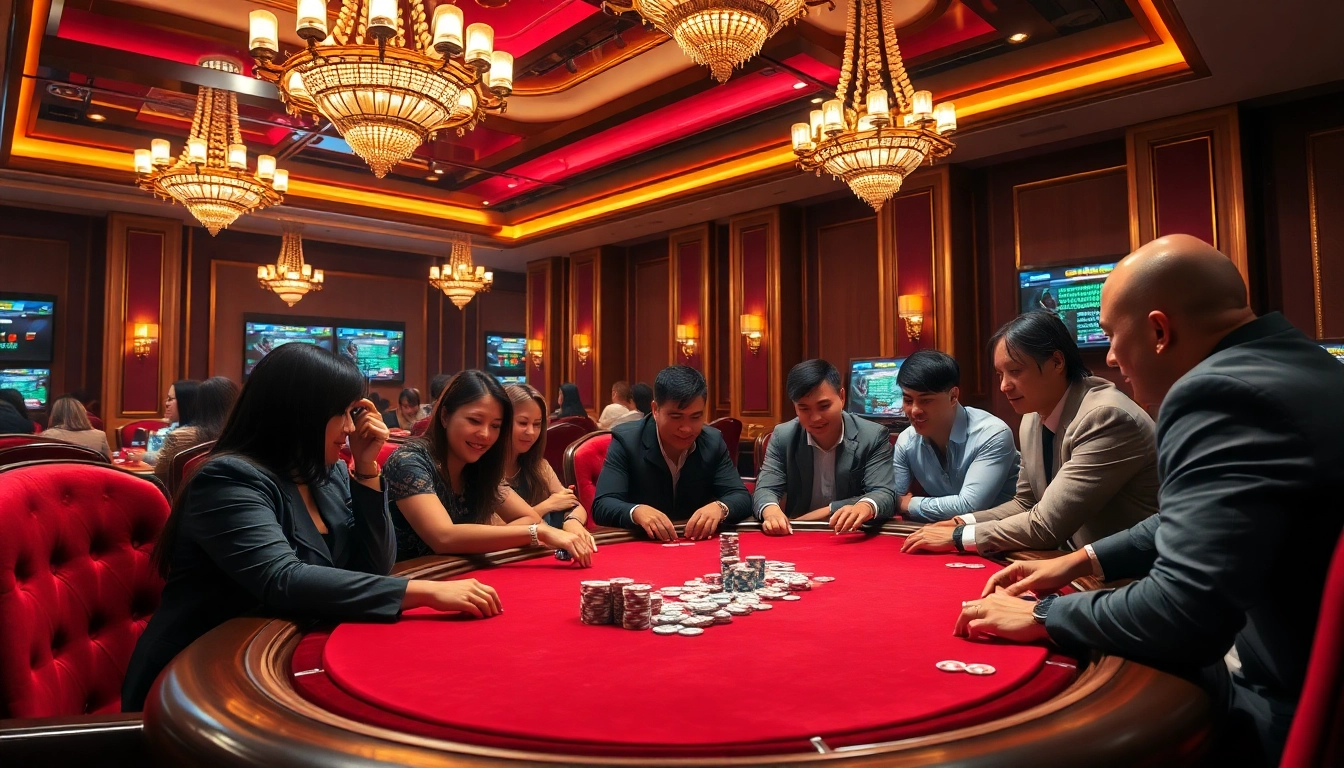 Exhilarating poker scene with bancadoithuong elements showcasing luxury gameplay and vibrant casino atmosphere.