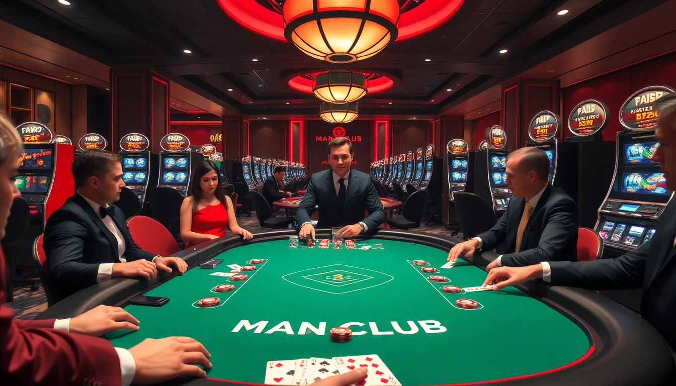 Experience thrilling gameplay at MANCLUB in a luxurious casino setting with poker and slot machines.