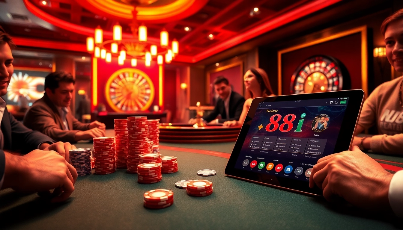 Experience the thrill of live gambling at 88i's luxurious casino tables filled with cards, chips, and roulette wheels.