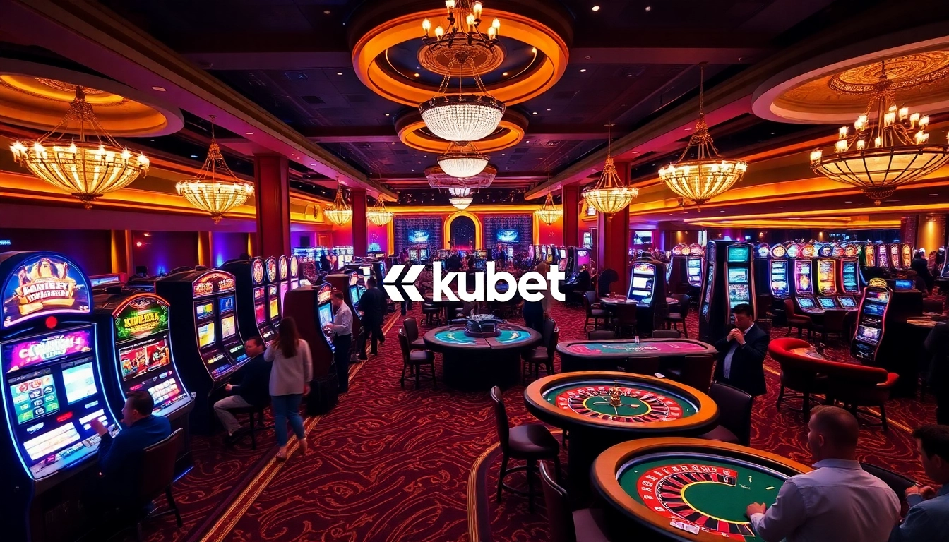 Kubet casino gaming floor brimming with excitement, featuring colorful slot machines and bustling roulette tables.