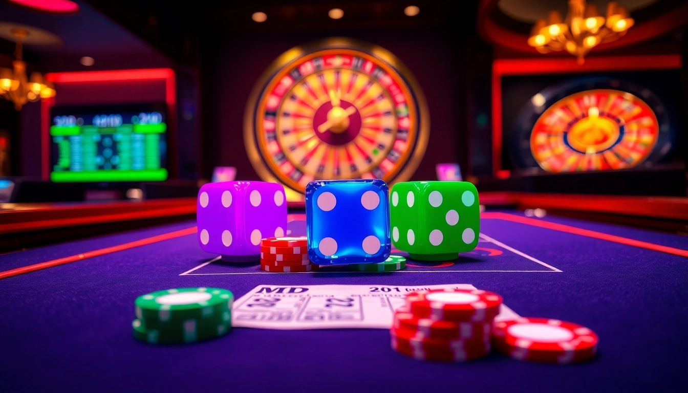 Tactical gameplay at tài xỉu md5 table with vibrant dice and poker chips.