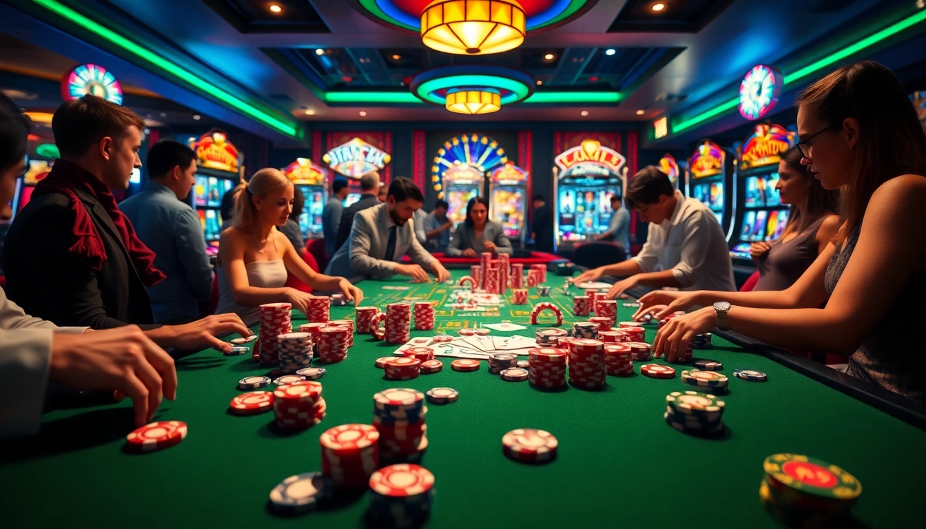 The vibrant casino scene at https:/cm88.bz/ captures gamblers immersed in excitement while placing bets at a lively poker table.