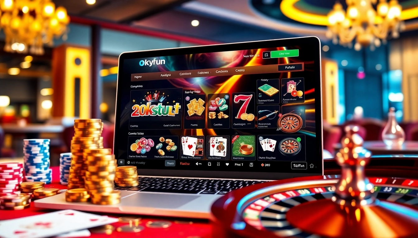 Engage in thrilling online gaming with okfun's vibrant casino scene featuring poker chips and roulette wheel.