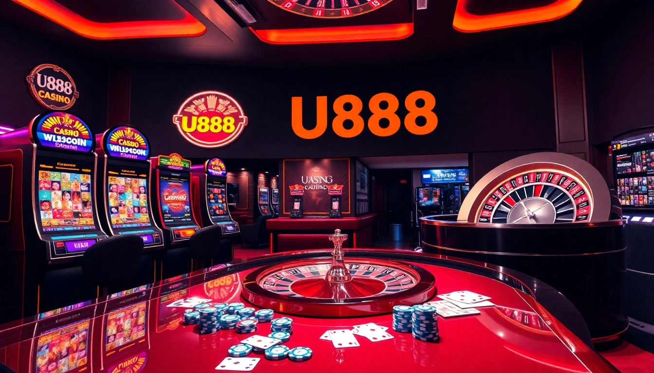 Experience thrilling U888 game action with vibrant slot machines and casino elements.