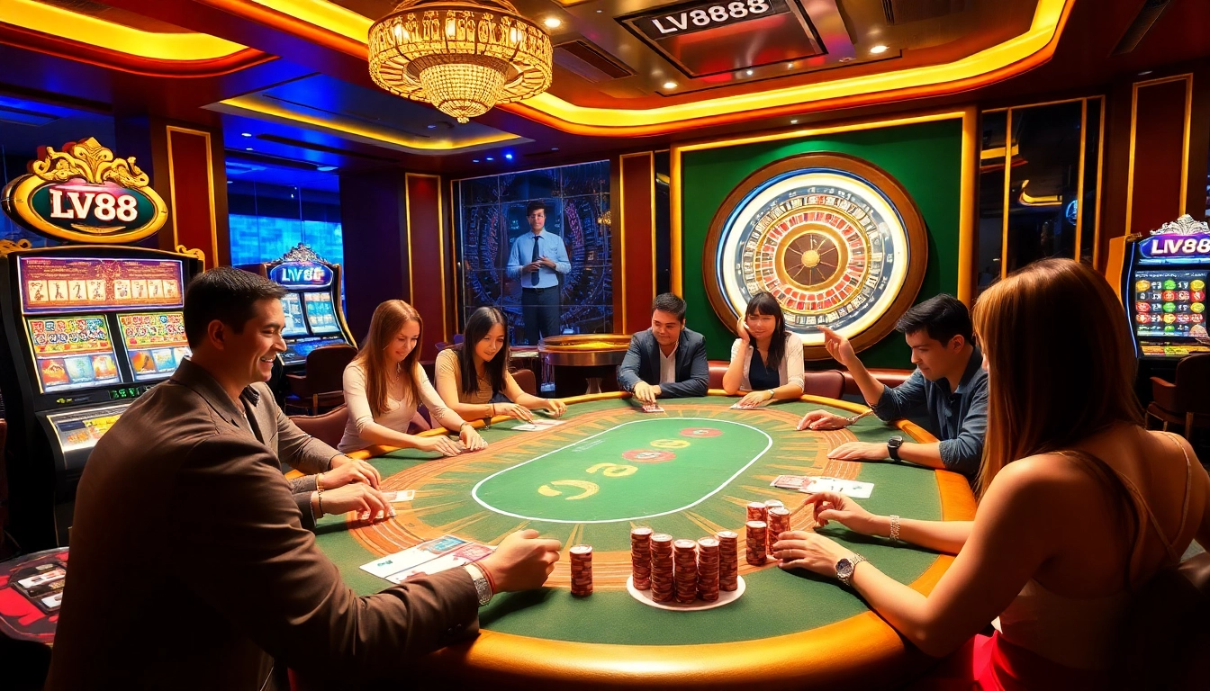 Players enjoying an LV88 gaming table surrounded by excitement and vibrant casino elements.