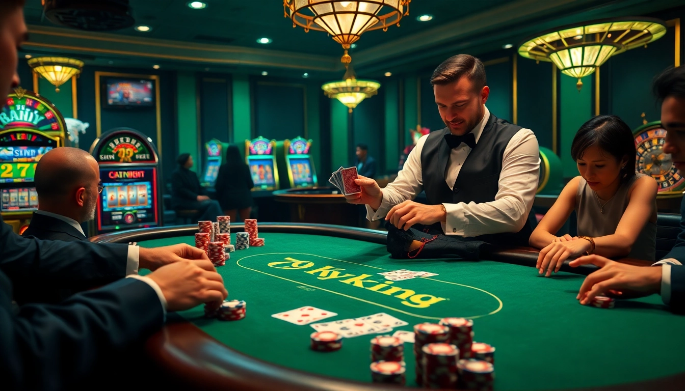 Gamblers enjoying a high-stakes poker game with 79King-themed chips in a luxurious casino setting.