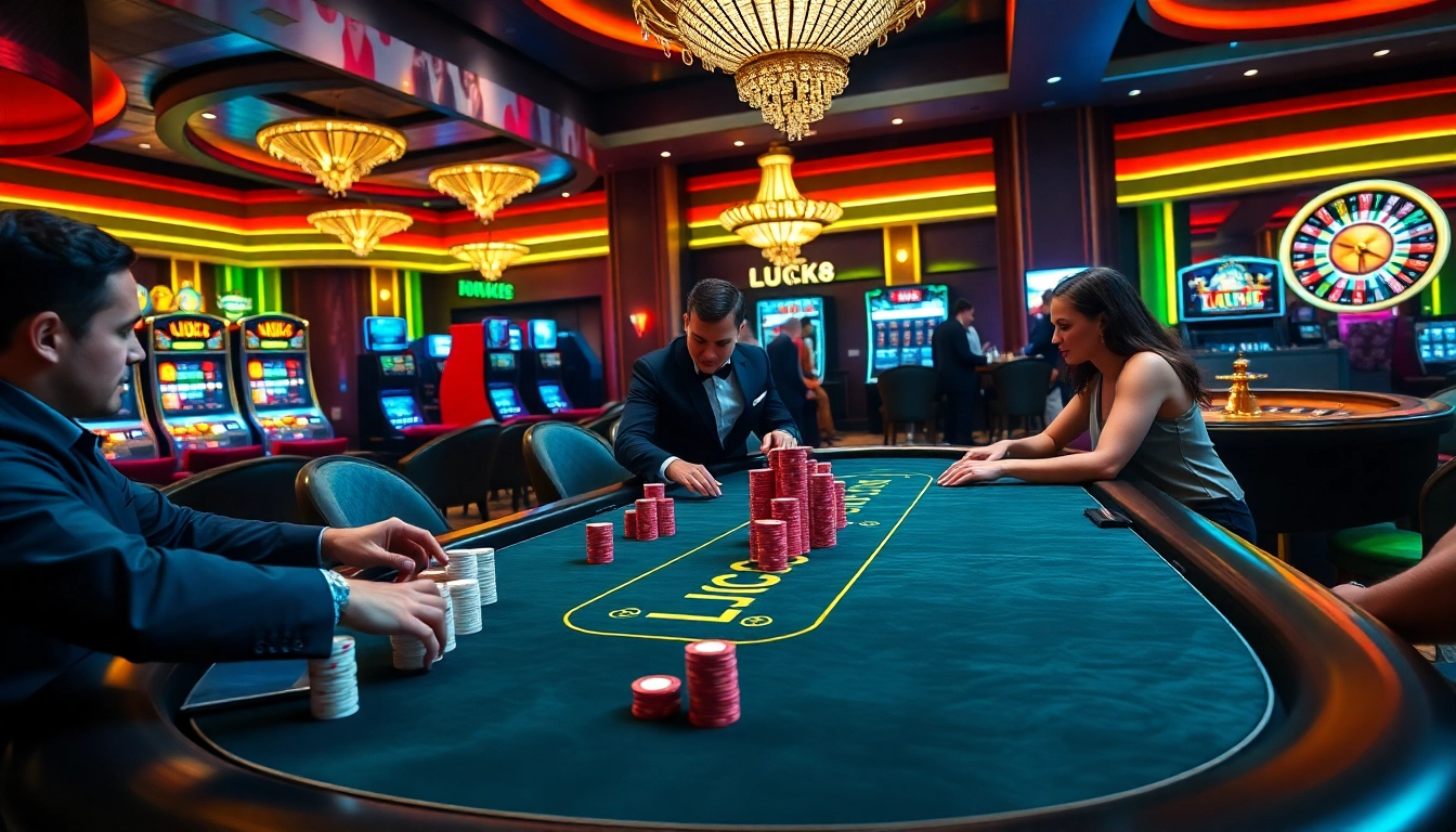 Experience the thrill of LUCK8 at a luxurious poker table with vibrant casino elements.