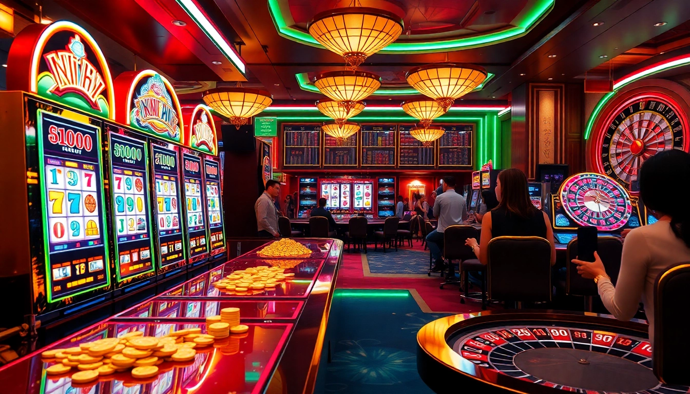 Players enjoy the nổ hũ game with vibrant slot machines in an exciting casino atmosphere.
