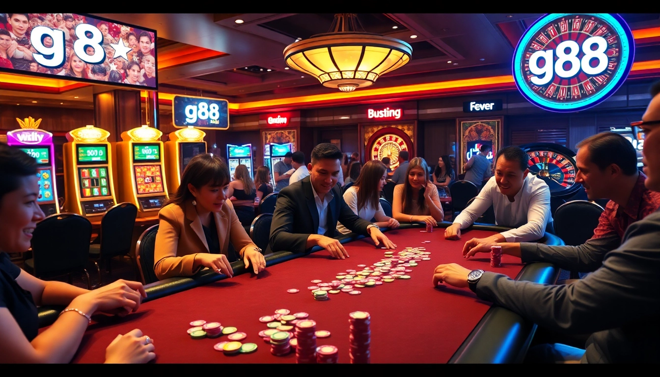 Engaged gamblers enjoying a vibrant gaming atmosphere at go 88 casino tables with poker chips and roulette wheel.