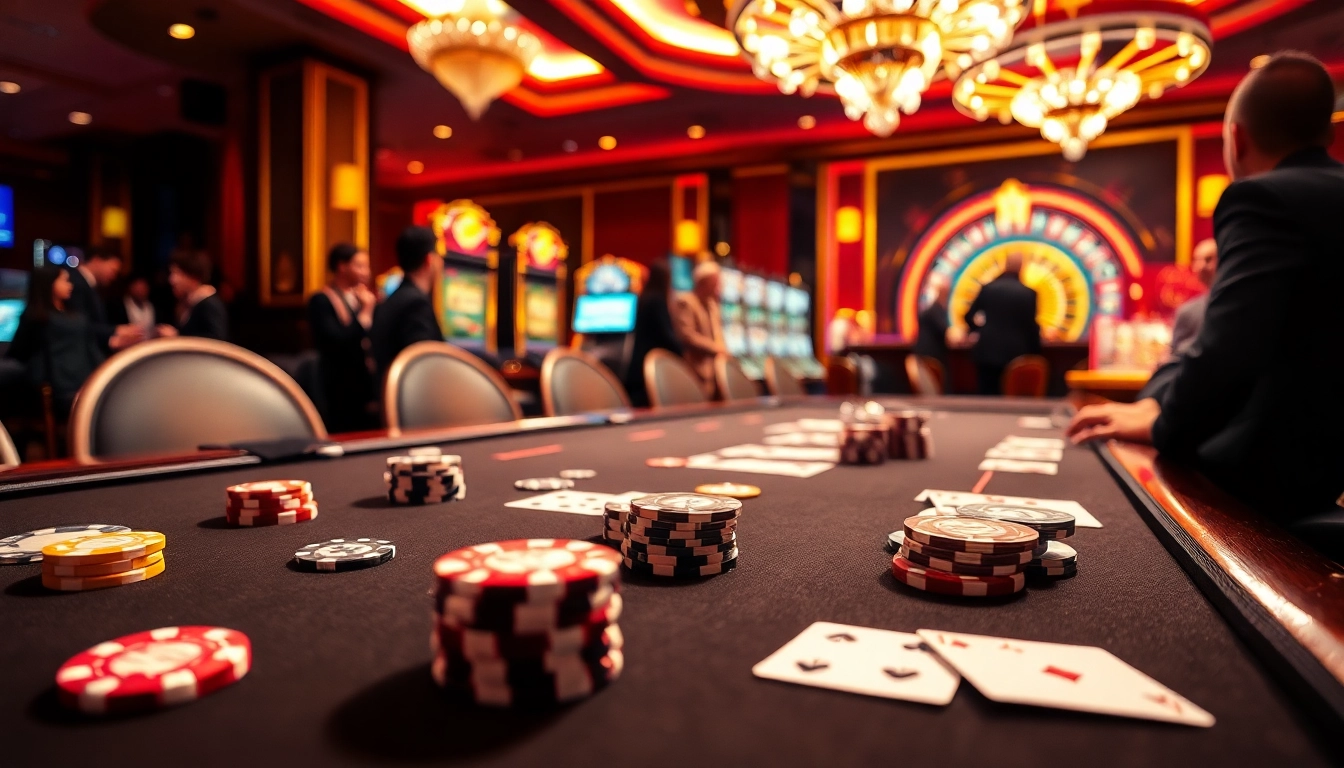 Players enjoy high-stakes gambling at dh88's luxurious poker table amidst vibrant casino excitement.