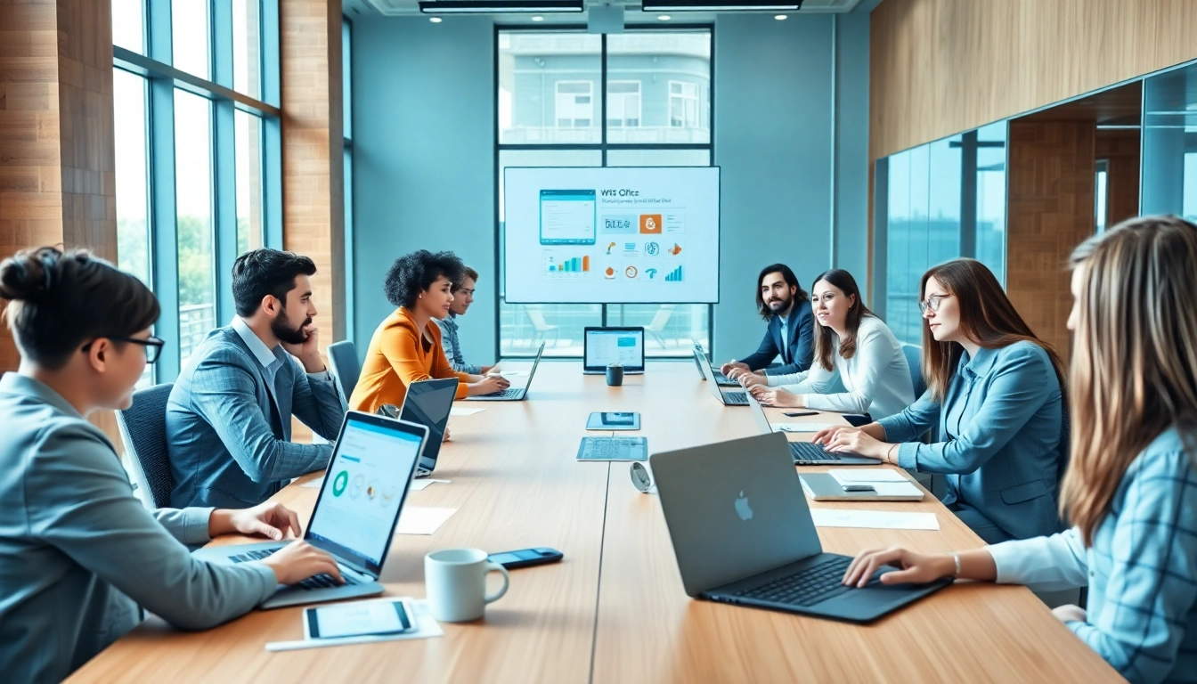 商务专业人士在现代办公环境中使用 WPS Office 进行协作