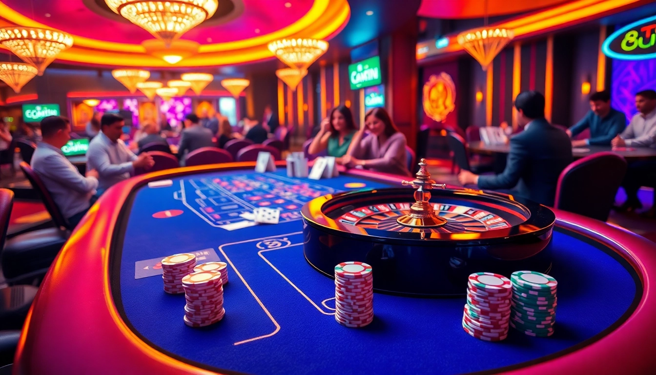 Experience the excitement of tải sunwin at a lively casino with vibrant games and players engaging in action.