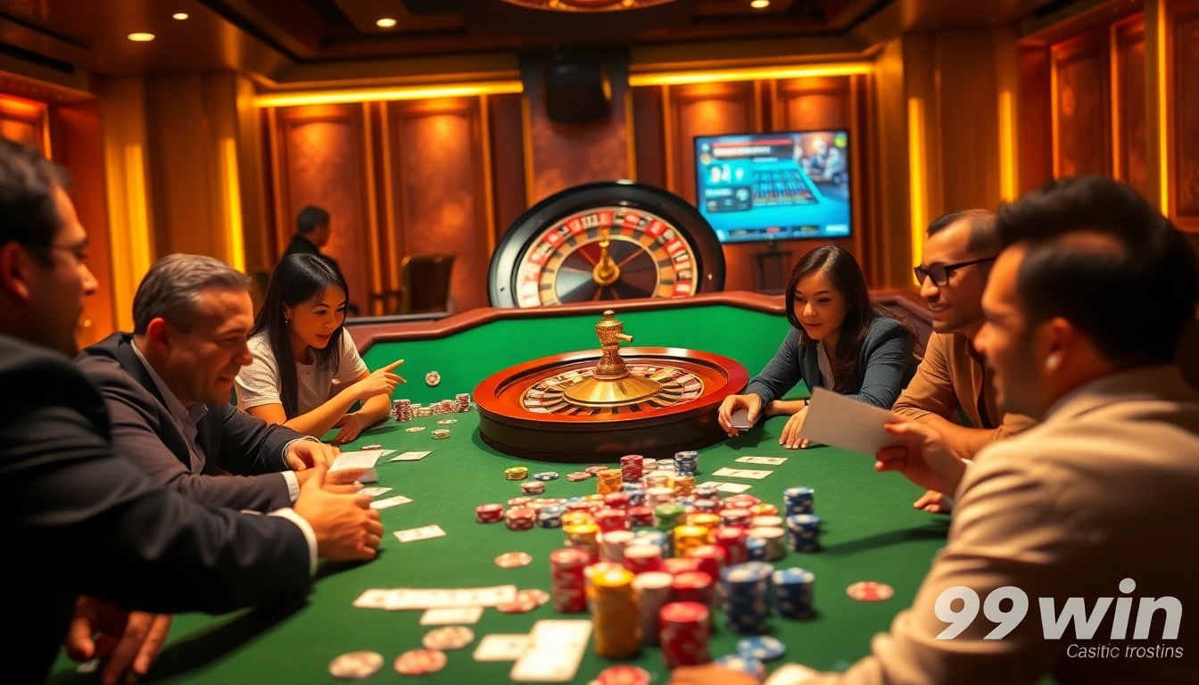 Players enjoying a thrilling poker game at 99win casino with vibrant chips and cards.