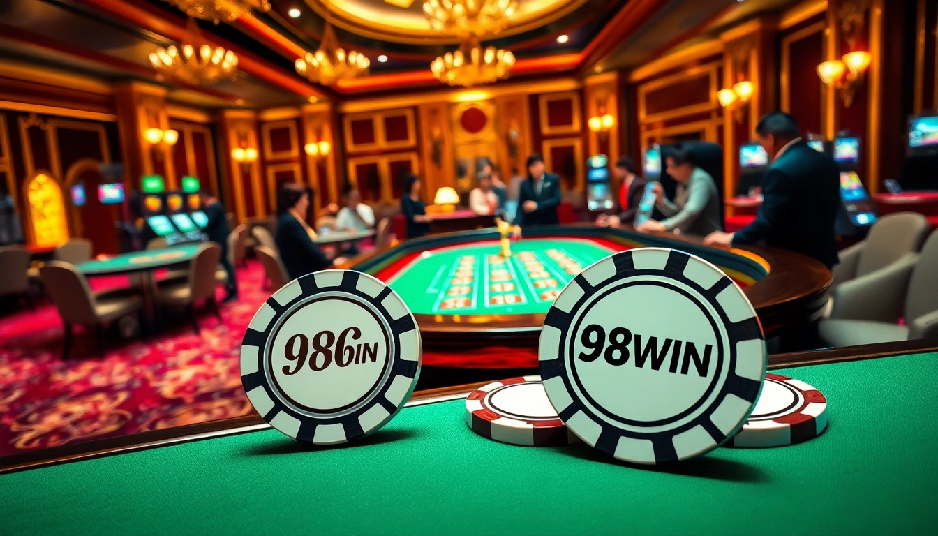 A thrilling roulette game at a luxurious casino showcasing 98WIN poker chips and vibrant decor.