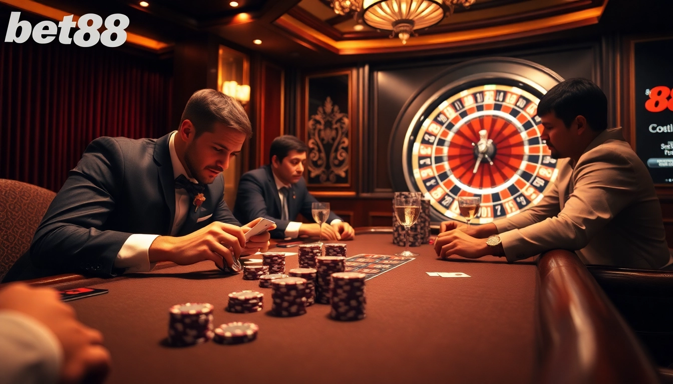 Experience thrilling poker action at Bet88 with professional players and elegant casino décor.