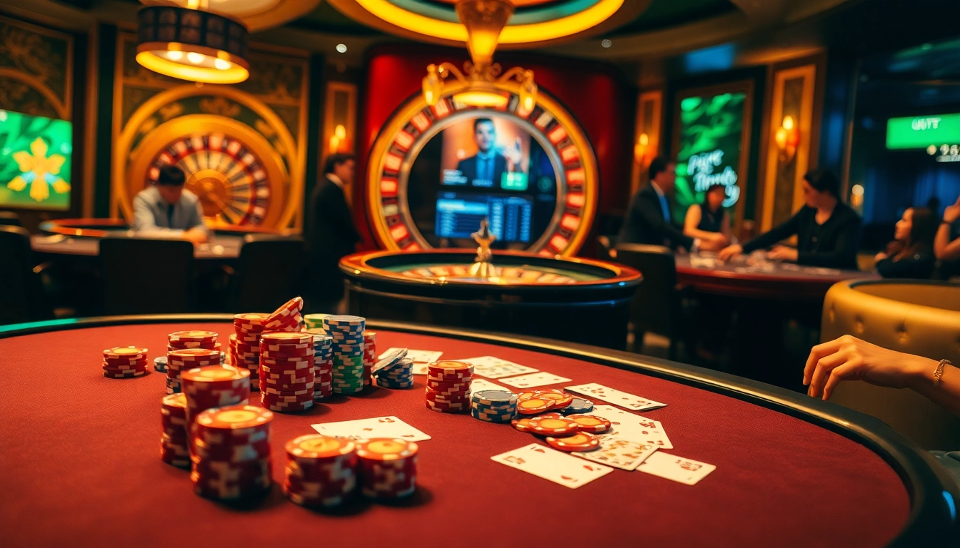 Players engaged in high-stakes poker at https://kk55.host/, showcasing excitement and strategy in a vibrant casino setting.