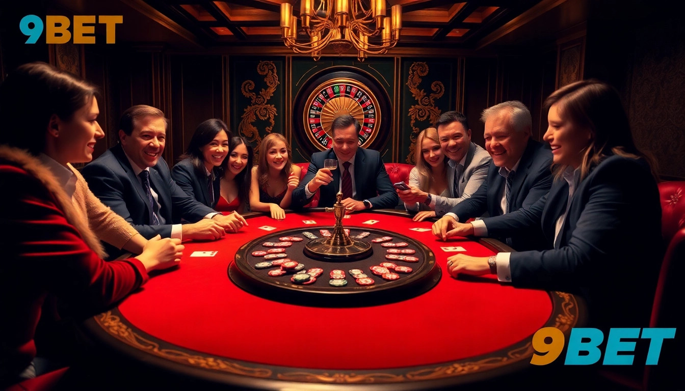 Excited players enjoying poker at 9BET, a premier online betting platform, in a luxurious setting.