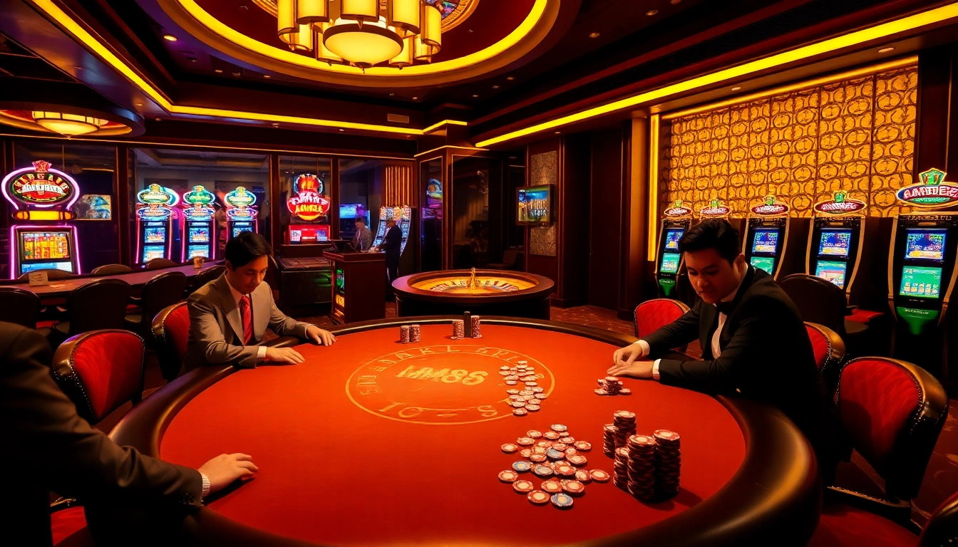 Experience an exciting card game at MM88's luxurious casino table featuring vibrant chips and a roulette wheel.