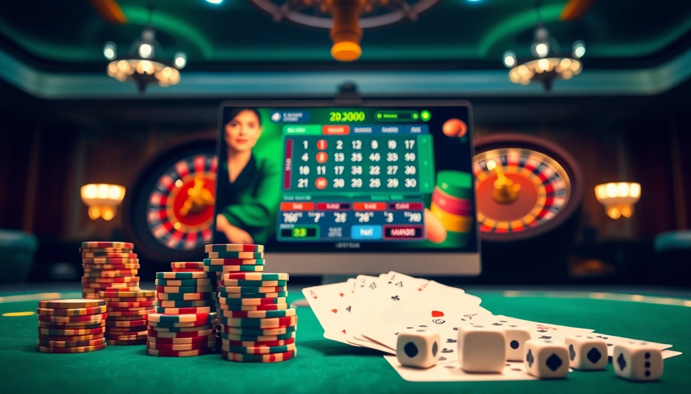 Exciting online gambling scene inspired by https://lode88uk.com/ with roulette wheel and poker chips.