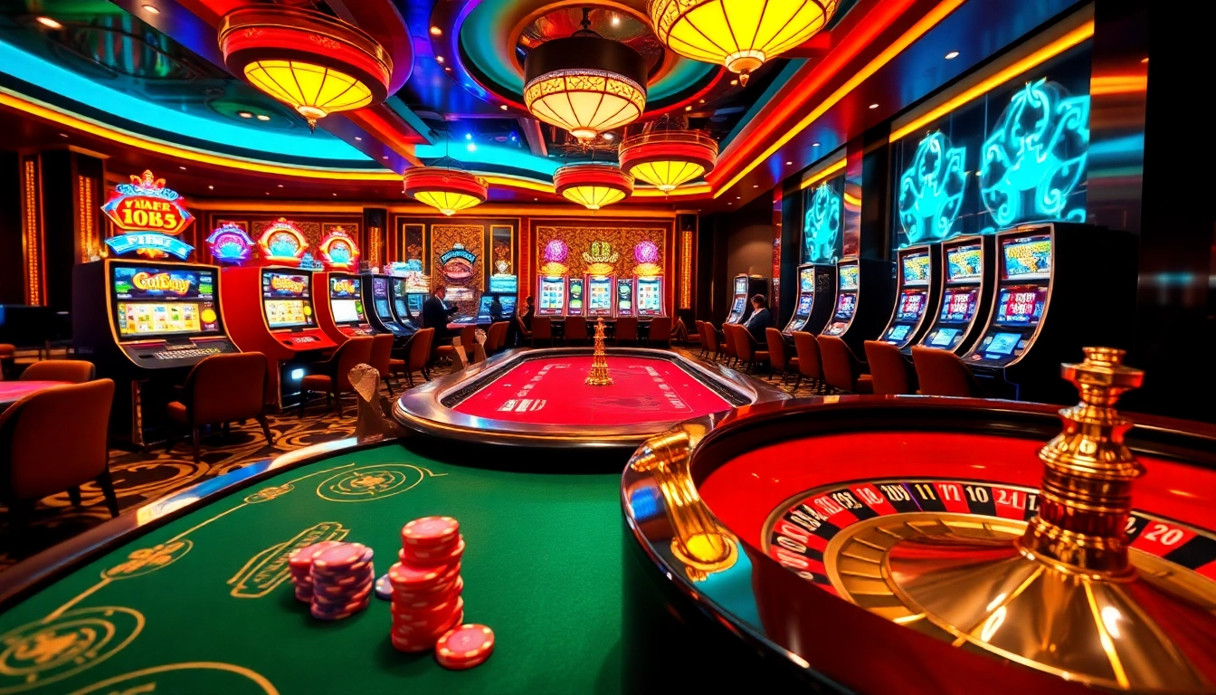 Experience the thrill of gambling at https://hm88.network/ with vibrant casino visuals featuring tables and slot machines.
