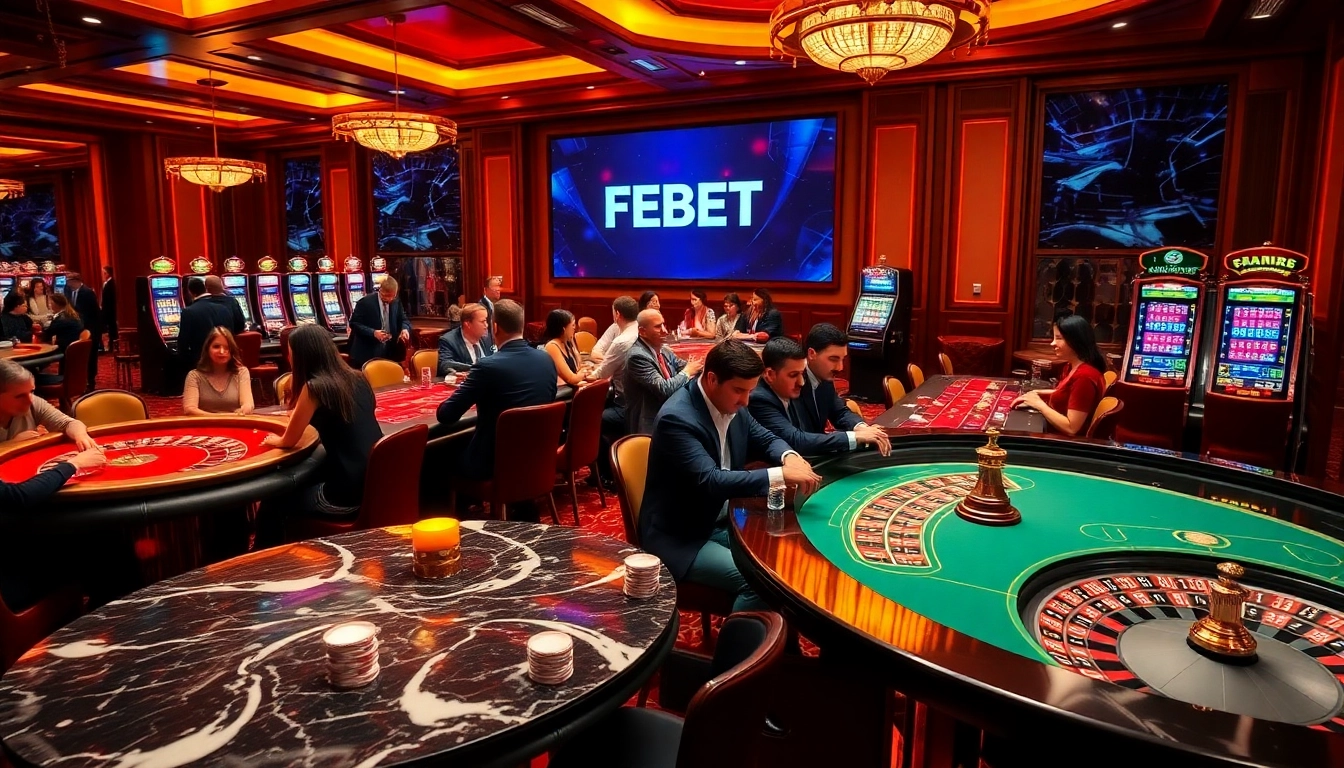 Experience thrilling gameplay with FEBET in an elegant casino setting featuring poker tables and roulette wheels.