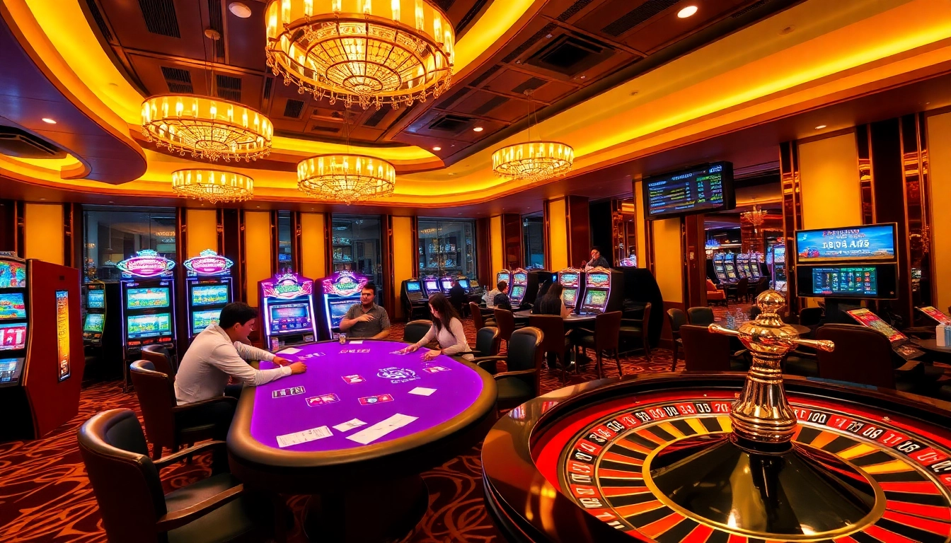 Players enjoying a thrilling game at Hi88 casino with poker chips and vibrant slot machines.