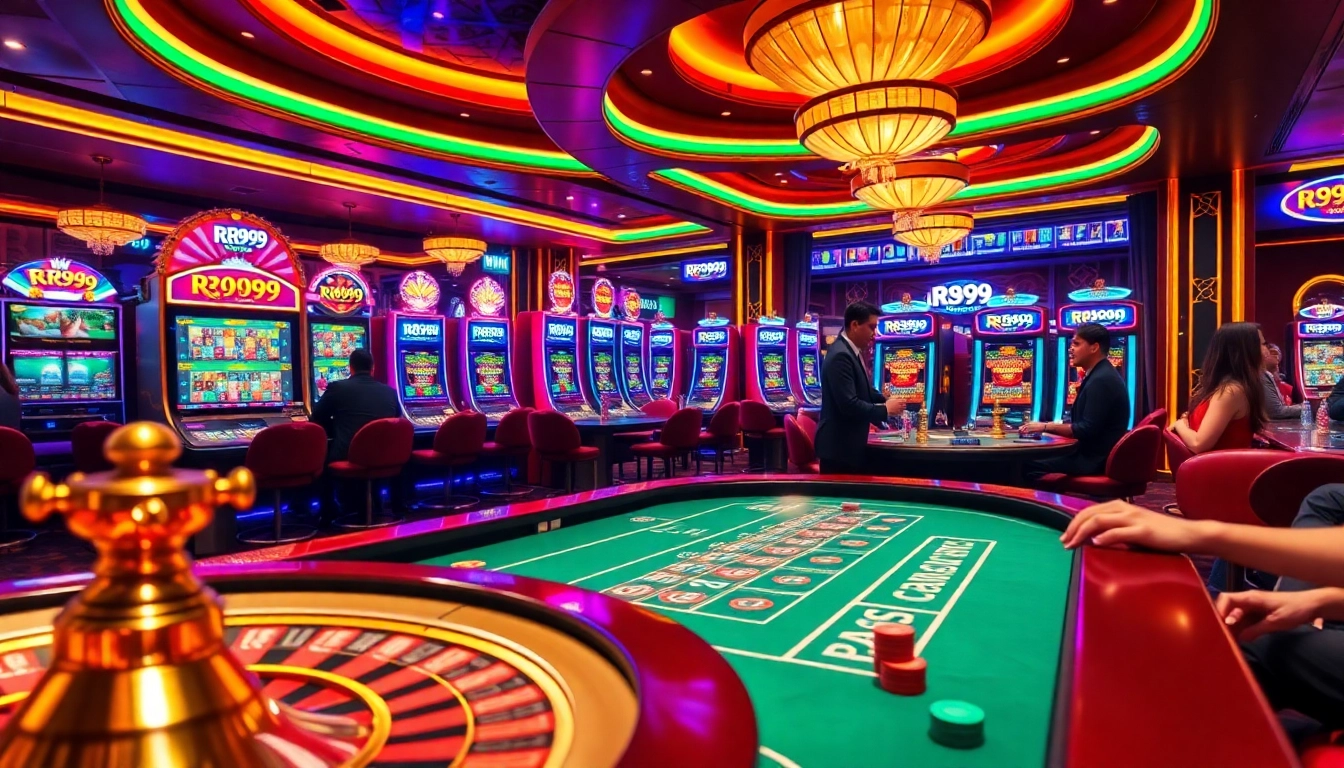 Experience the thrill of RR999 at an upscale casino with dynamic gaming tables and vibrant slot machines.
