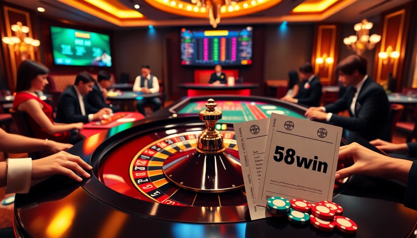 Engage in thrilling casino gameplay at 58win with vibrant poker chips and a stylish roulette table.