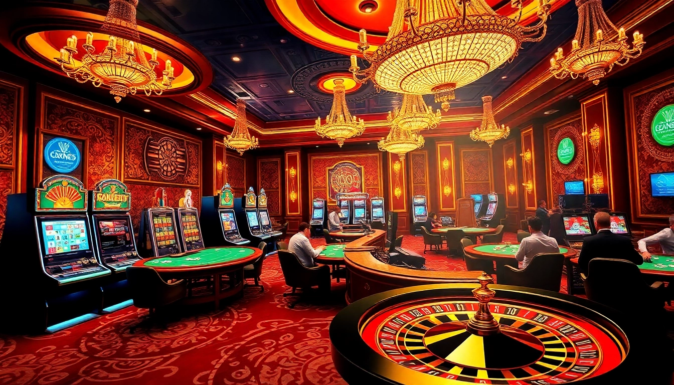 Experience the excitement of gambling at https://jun88.buzz/ with vibrant casino activity and players engaged at tables.