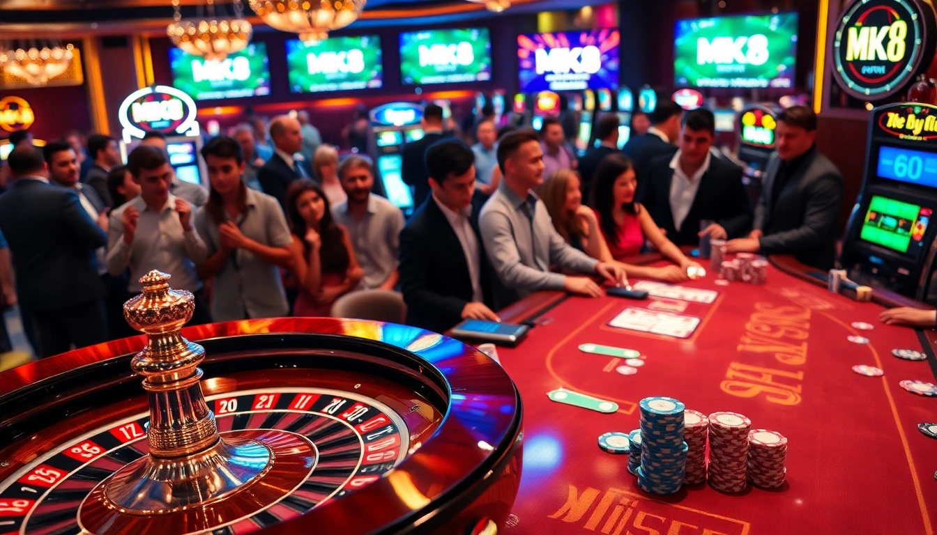 Gambling thrills at MK8 casino with a roulette wheel and excited players in a luxurious atmosphere.