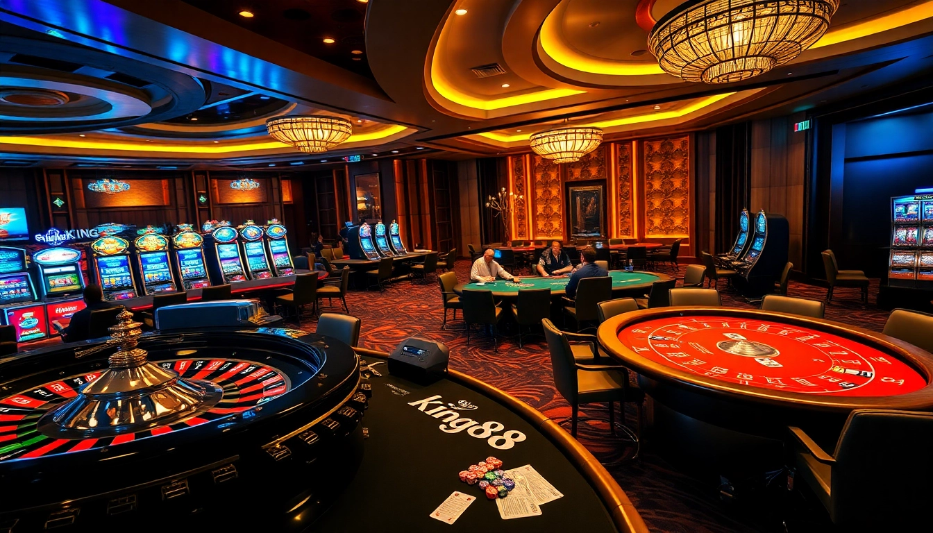 Players enjoy the exciting gaming atmosphere at King88 casino with vibrant tables and slot machines.