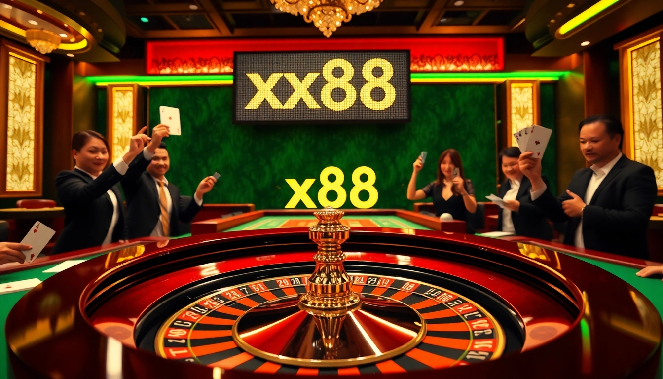 Players enjoying their bets at a glamorous casino table featuring the keyword xx88 prominently displayed.