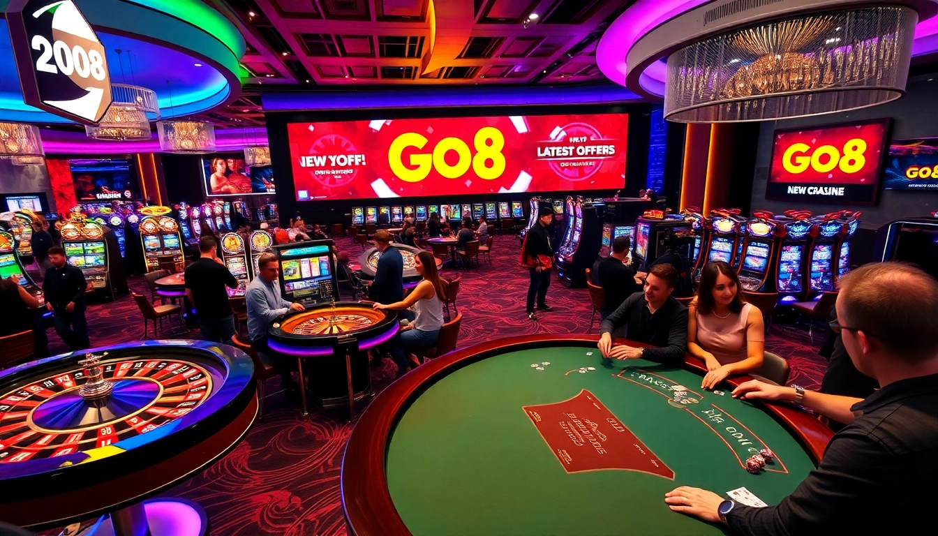 A thrilling Go8 casino scene with vibrant casino tables, exciting players, and colorful slot machines.