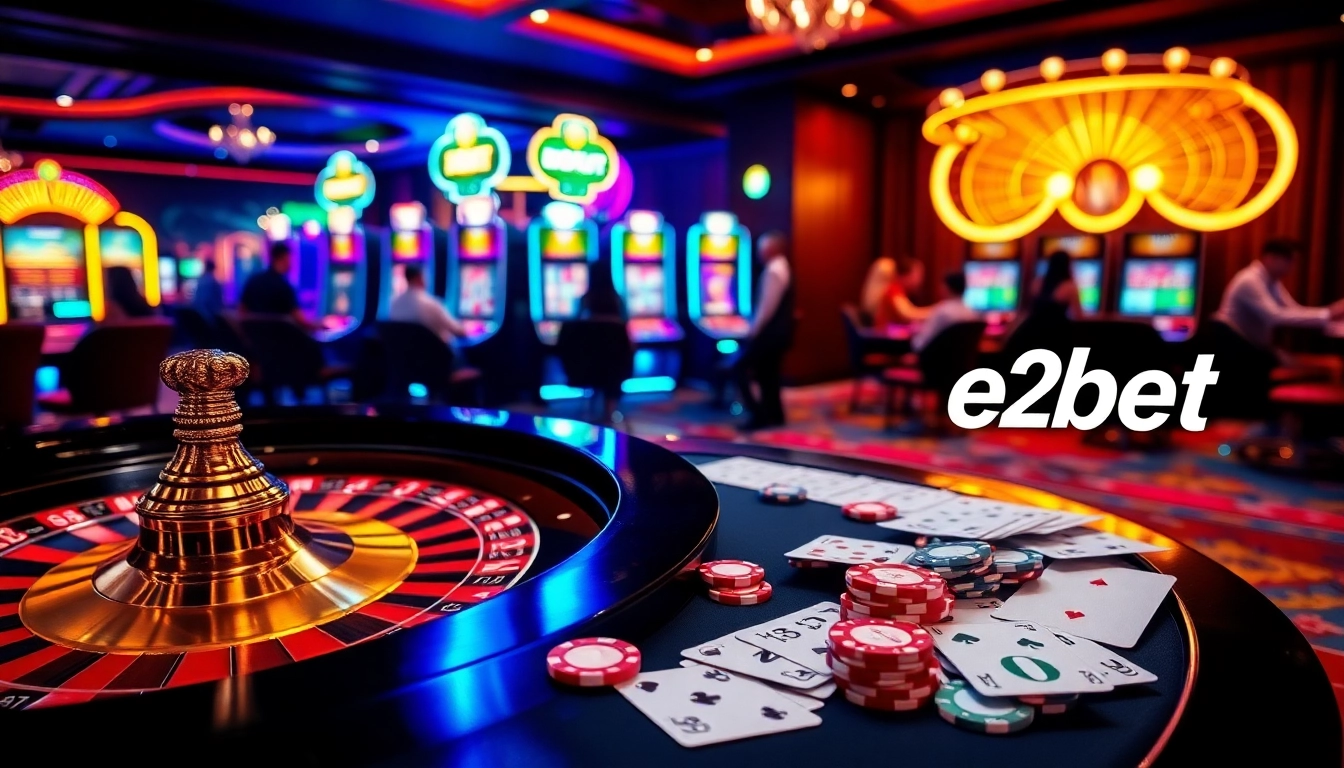 E2bet players engaging in high-stakes poker with vibrant chips and roulette at a luxurious casino.