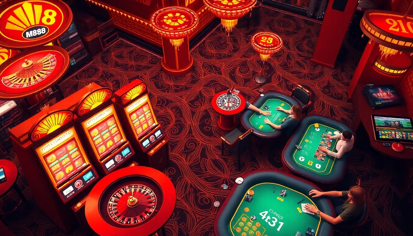 Players enjoying a vibrant MM88 gaming experience with roulette and poker tables.