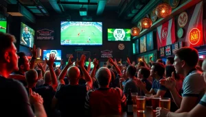 Excited fans enjoying a soccer game at joemadfan.com in a vibrant sports bar.